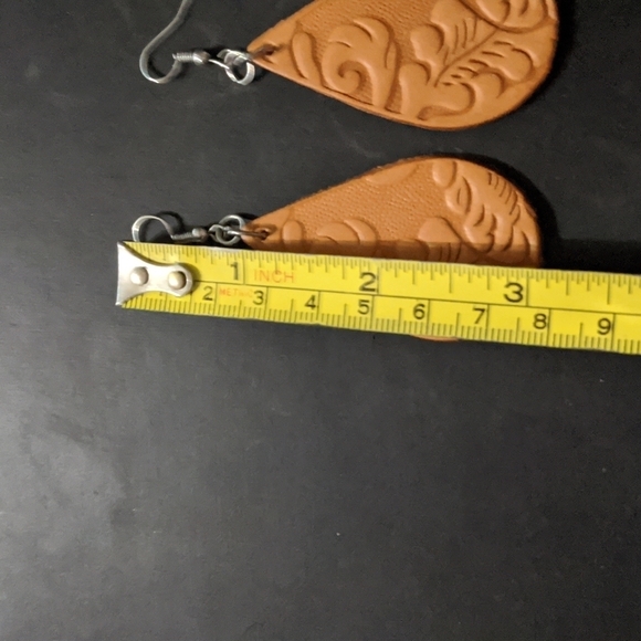 Brown Leather Embossed Leaves Floral Teardrop Statement Earrings - Picture 2 of 2